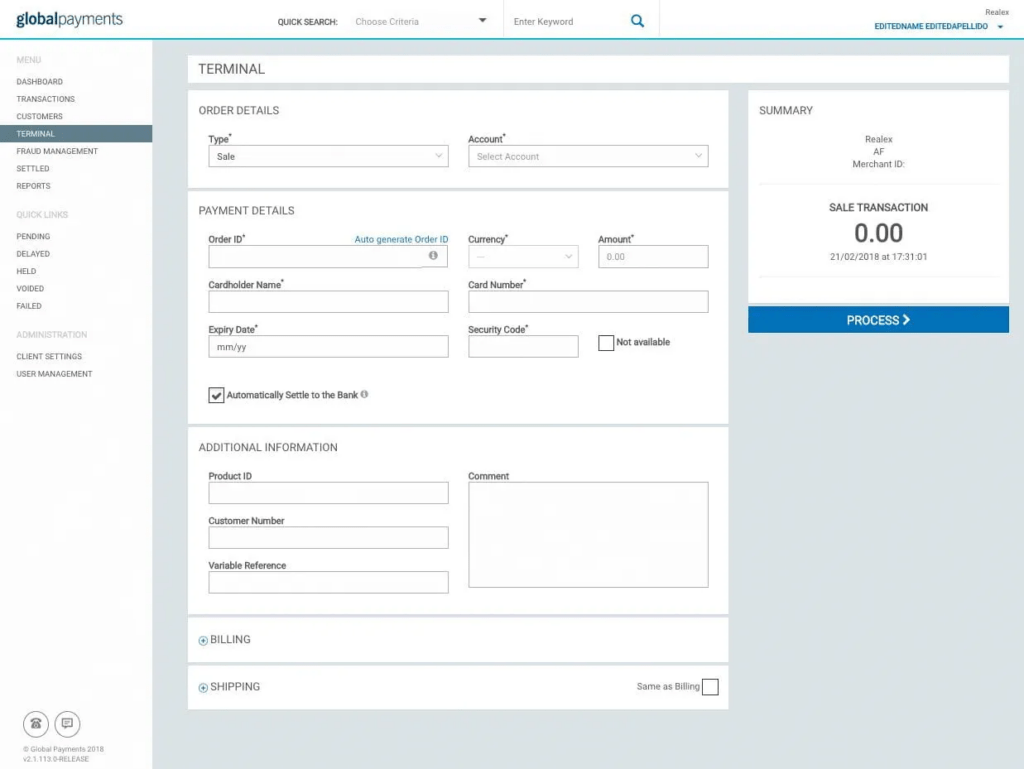 Global payments virtual terminal